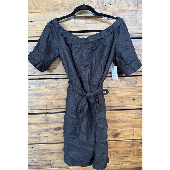 FRAME Off The Shoulder Dress Women's Large Black Linen Belted MSRP $375 - Picture 1 of 8